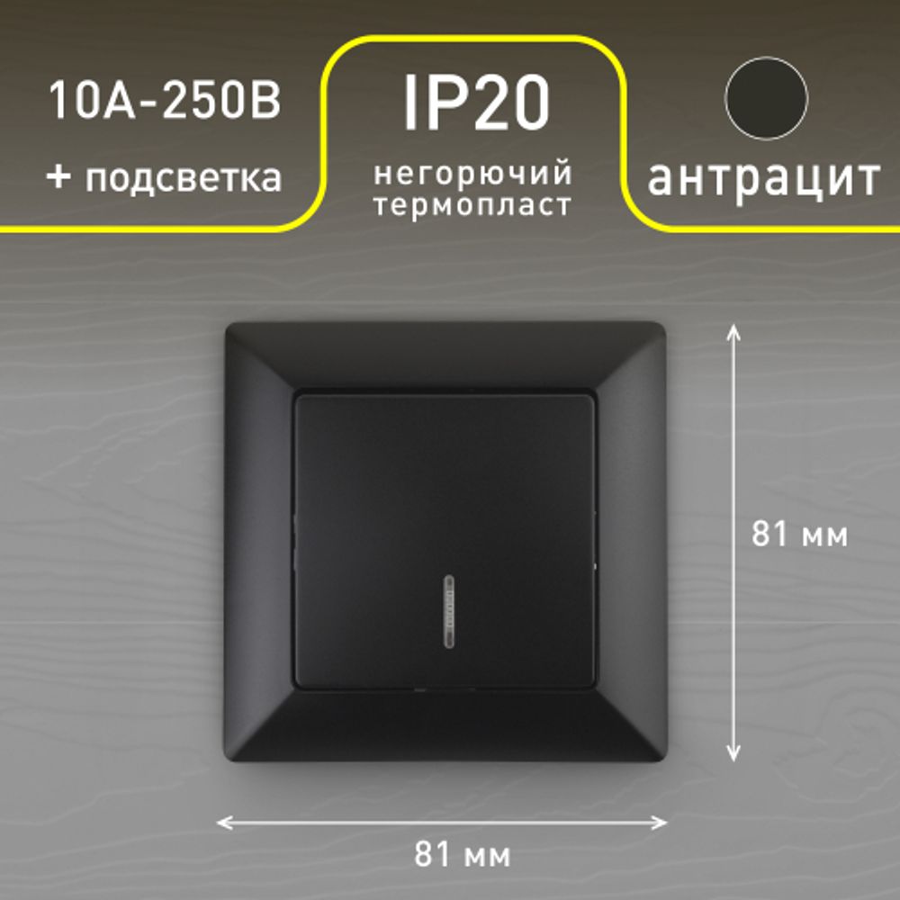 Выключатель Intro Solo 4-102-05 одноклавишный с подсветкой, 10А-250В, IP20, СУ, антрацит