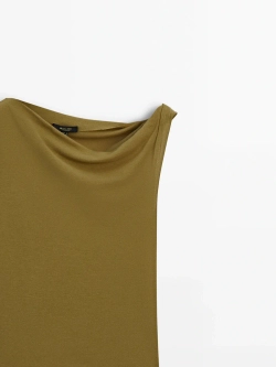 Massimo Dutti Хлопковый топ с драпировкой на плечах, зеленоватый