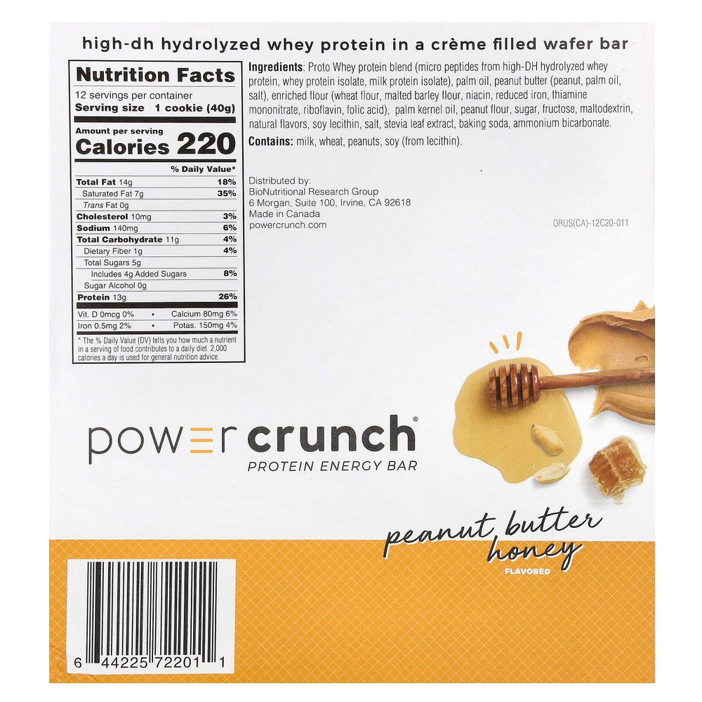 BNRG, Power Crunch Protein Energy, батончик с арахисовой пастой и медом, 12 батончиков по 40 г (1,4 унции)