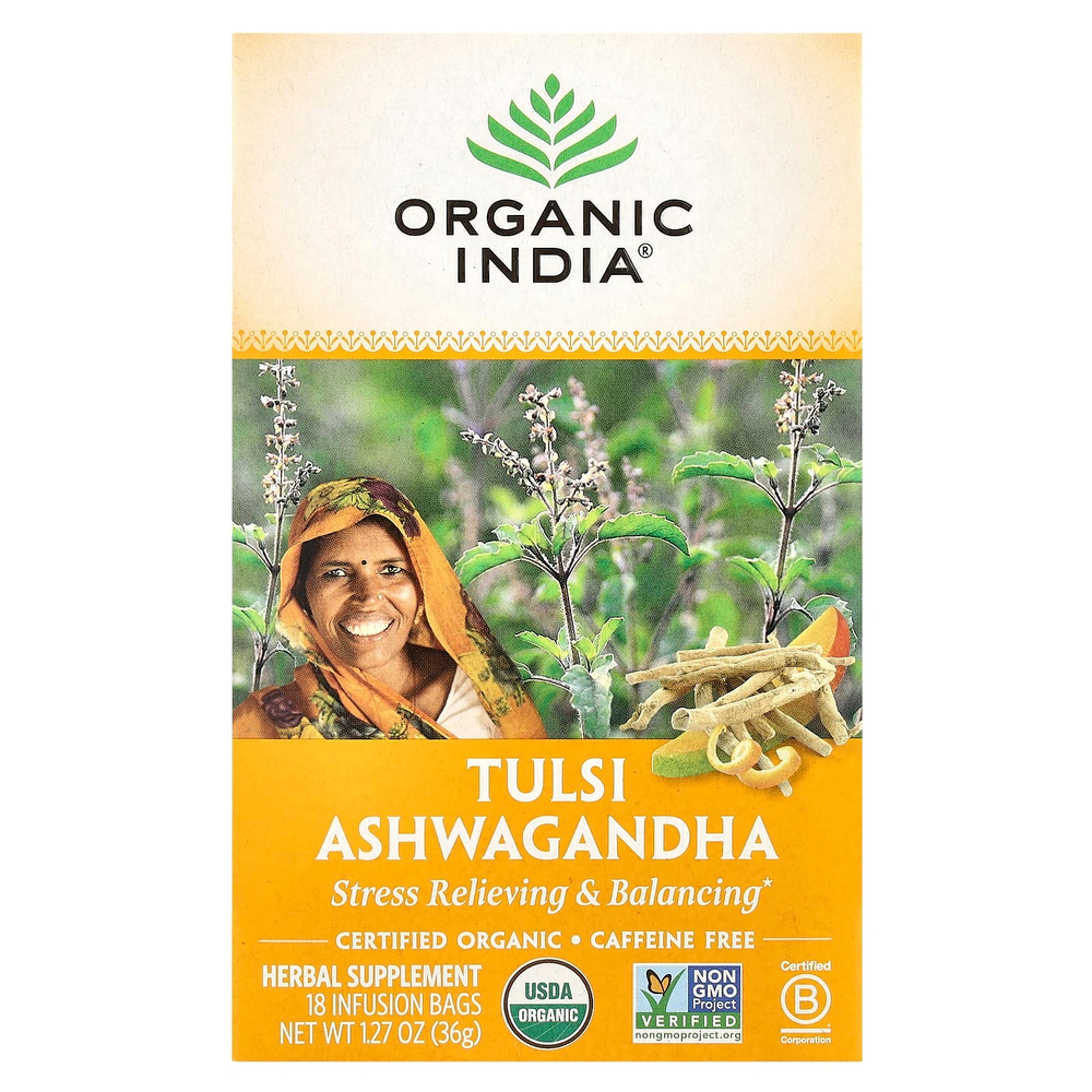 Organic India, Tulsi Tea, Ашваганда, без кофеина, 18 пакетиков для настоя, 1,27 унции (36 г)