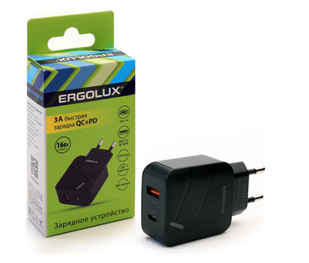 ERGOLUX Зарядное устройство 1USB+1Type C (100-220B 5-9V/3A 18Вт) черный