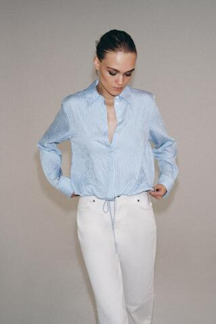 ZARA РУБАШКА В ПОЛОСКУ С ЗАВЯЗКАМИ — ZW COLLECTION, СИНИЙ/БЕЛЫЙ