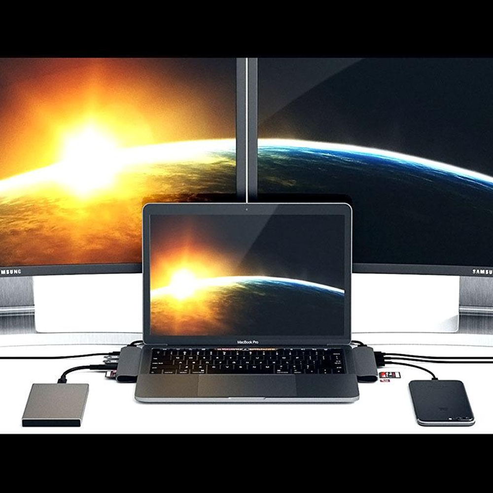 USB-Хаб Satechi Pro (USB-C) (ST-CMBP) Подключение: два коннектора USB-C. Порты: Thunderbolt 3, USB-C, 2 USB-A 3.2 Gen 1, microSD, SD, HDMI (до 4K 60 Гц)