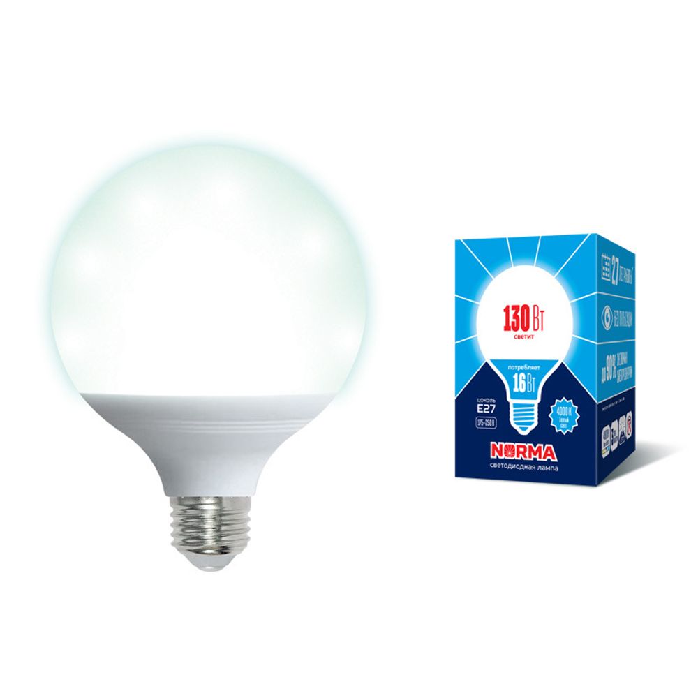 LED-G95-16W/4000K/E27/FR/NR Лампа светодиодная. Форма шар, матовая. Серия Norma. Белый свет (4000K). Картон. ТМ Volpe.
