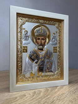 Николай Чудотворец, икона прямоугольная в рамке под стеклом, белое дерево 232х280