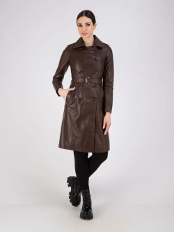 Тренч длинный кожаный с поясом плащ на весну