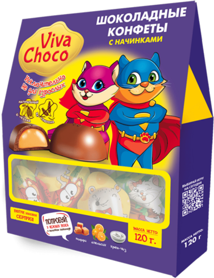 Ассорти Viva Choco Cat из молочного и темного шоколада c начинками: Апельсиновая, Крем-Чиз, Тоффи 120г