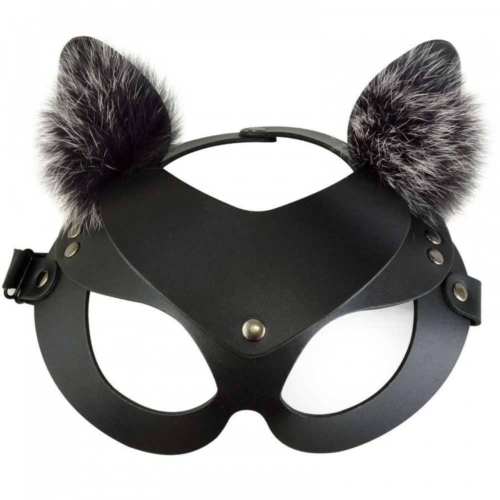 Маска кошечки Sitabella, натуральная кожа, черная с мехом