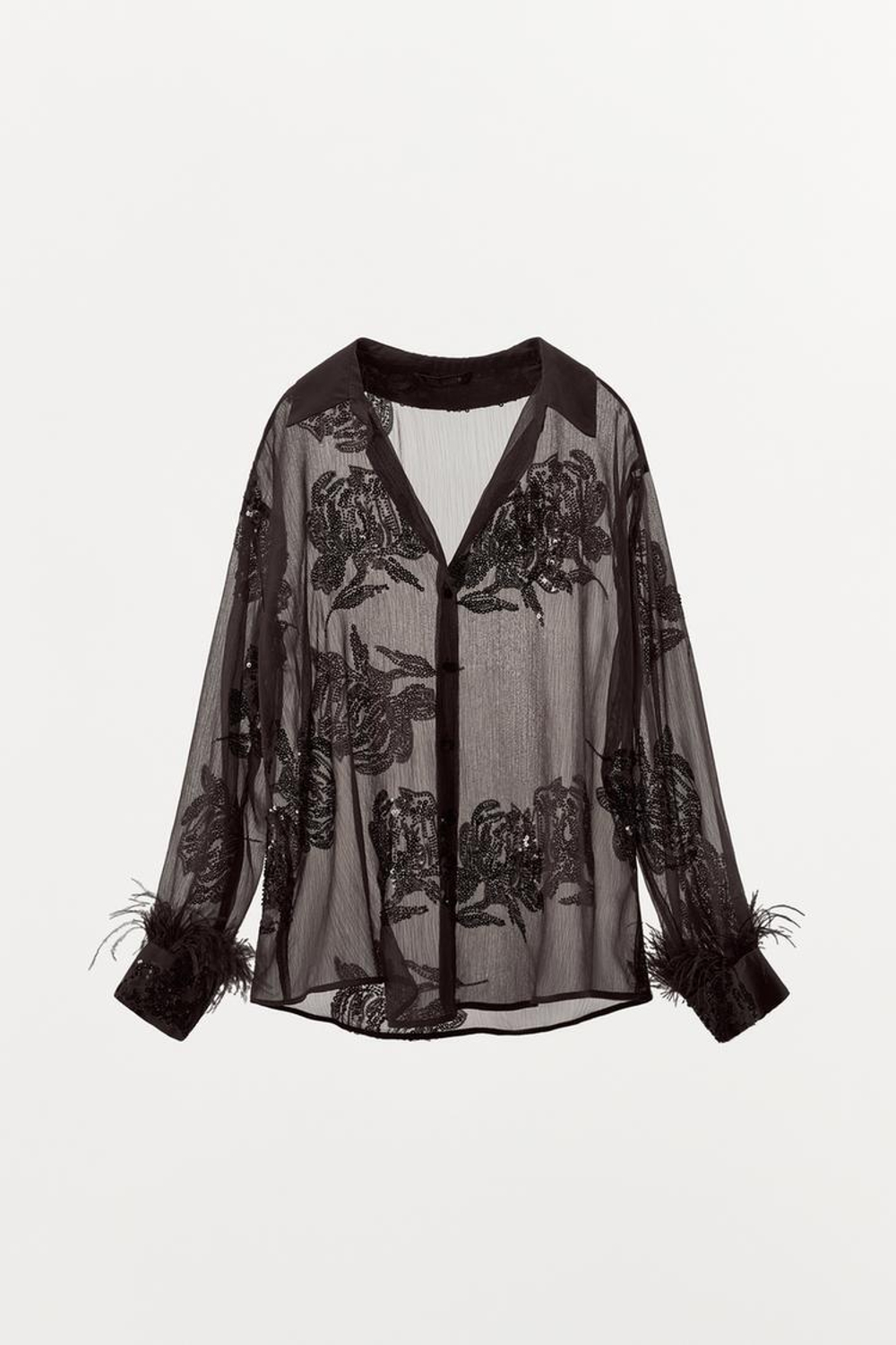 ZARA ПОЛУПРОЗРАЧНАЯ БЛУЗКА С ПАЙЕТКАМИ И ПЕРЬЯМИ, КОРИЧНЕВЫЙ