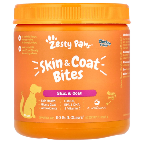 Zesty Paws, От укусов кожи и шерсти, для собак, для всех возрастов, курица, 90 жевательных таблеток, 315 г (11,1 унции)