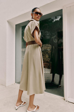 ZARA ПЛАТЬЕ МИДИ ИЗ ПОПЛИНА С ПОЯСОМ, СВЕТЛО-БЕЖЕВЫЙ