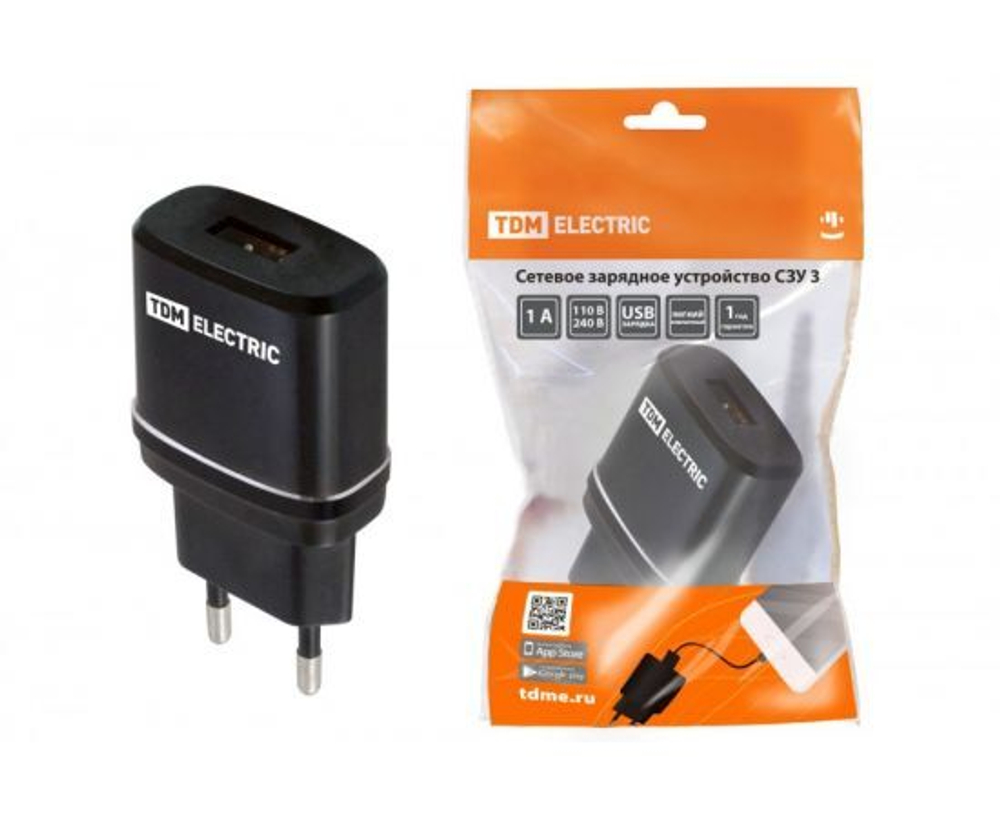 Зарядка USB Сетевое зарядное устройство СЗУ 3, 2, 1А,черный, TDM ELECTRIC