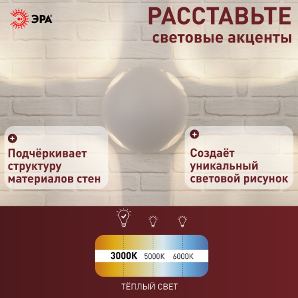 Светильник декоративный настенный светодиодный ЭРА WL10 WH 4х1Вт 3000К IP54 белый для интерьера и фасадов зданий | Фасадная декоративная подсветка