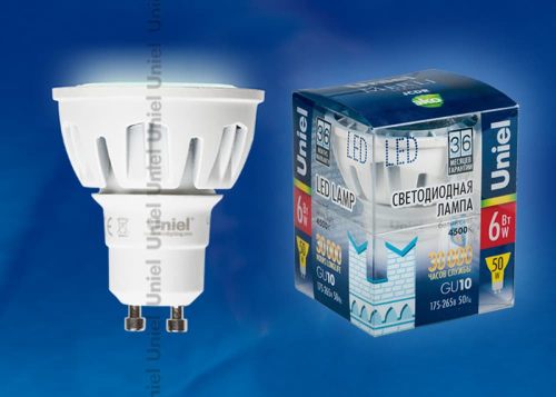 LED-JCDR-6W/NW/GU10/FR/38D ALM01WH Лампа светодиодная. Материал корпуса алюминий. Цвет свечения белый. Серия Merli. Упаковка пластик