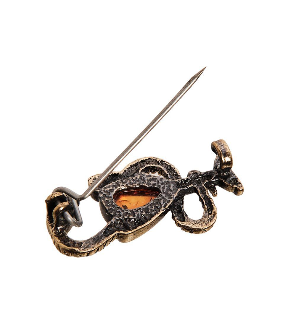AM-2585 Брошь «Змея в геральдике» (латунь, янтарь)