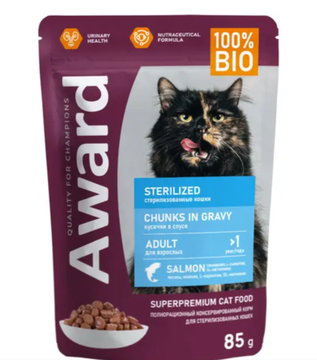 Влажный корм AWARD Sterilized для взрослых стерилизованных кошек, кусочки в соусе с лососем