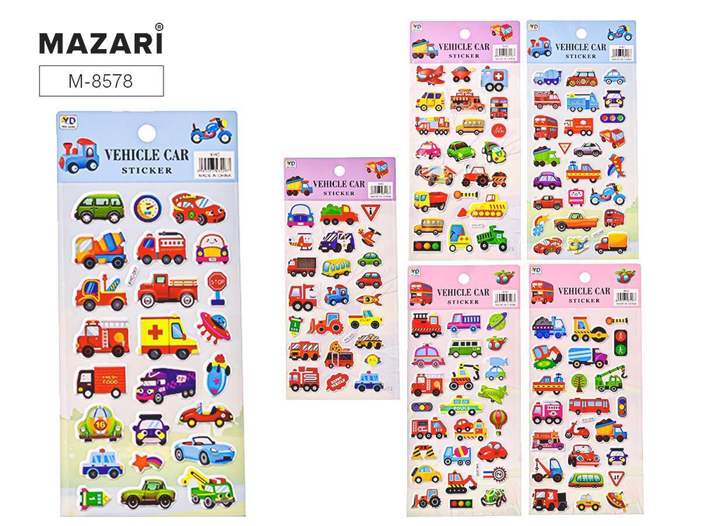 Наклейки декоративные,объемные 10*22 см,6 дизайнов МАШИНКИ(Mazari)