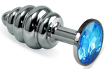 Серебристая ребристая анальная пробка с голубым кристаллом - 7,5 см. (Цвет: голубой)