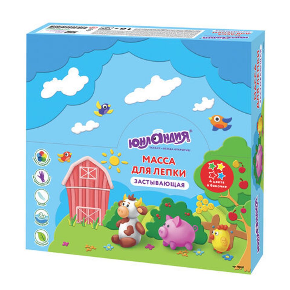 Масса для лепки лёгкая (1 баночка) ЮНЛАНДИЯ "ЮНЛАНДИК - ФЕРМЕР", 4 цвета в баночке, застывающая, 128 мл, 105021