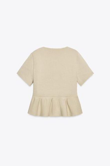 ZARA ТРИКОТАЖНЫЙ КАРДИГАН С КОРОТКИМИ РУКАВАМИ И БАСКОЙ, ПЕСОЧНЫЙ