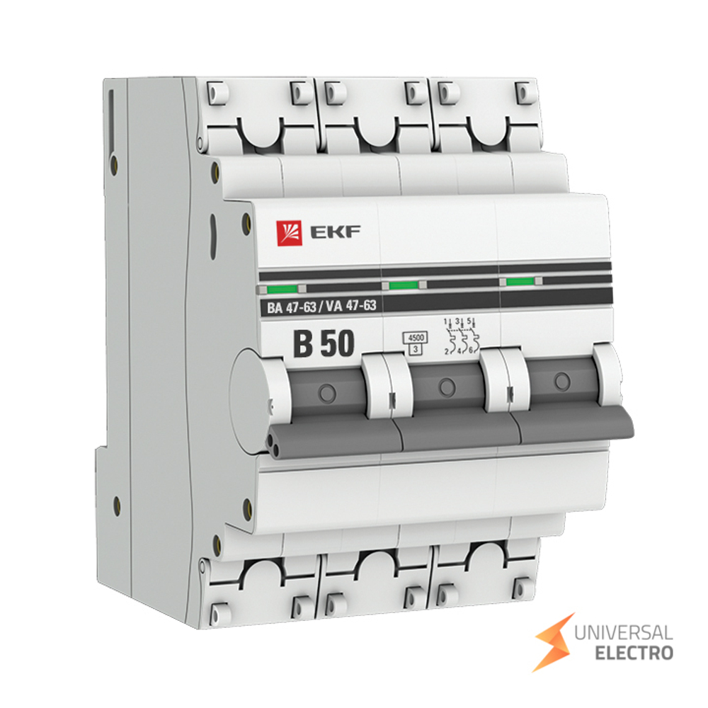 Автоматический выключатель 3P 50А (В) 4,5kA ВА 47-63 EKF PROxima