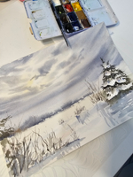 Картина авторская акварельная в паспарту 30х40 см на стену для интерьера "Поздний рассвет. Зима"