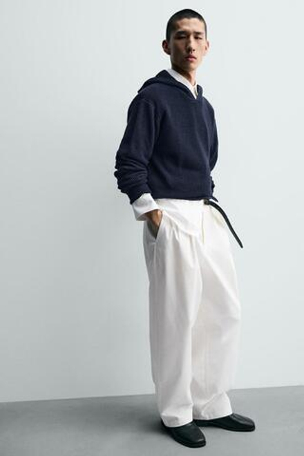 ZARA СВИТЕР ИЗ ХЛОПКА И ШЕРСТИ С КАПЮШОНОМ, МОРСКОЙ СИНИЙ