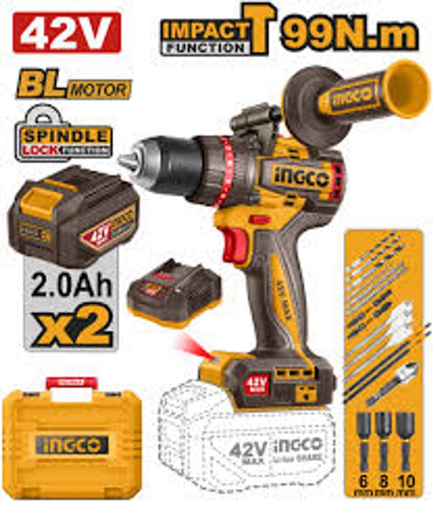 Аккумуляторный бесщёточный ударный шуруповерт INGCO CIDLI429982 INDUSTRIAL 42 В 99 Нм