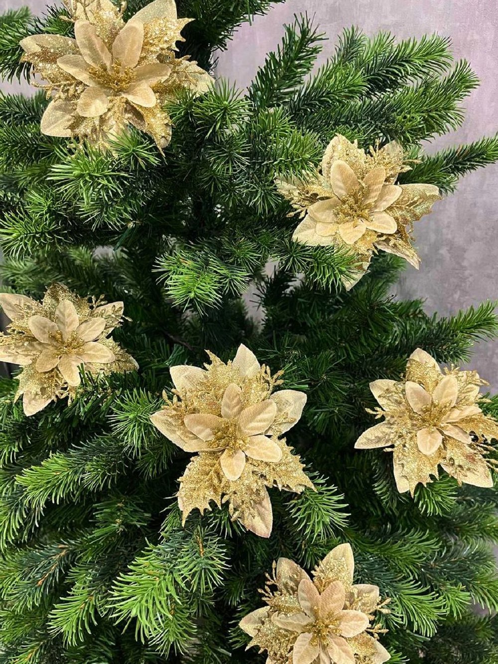 Набор новогодних цветов на ёлку 8шт золотые (6989)