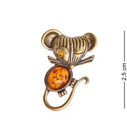 AM-3484 Брошь «Мышка Пищанк» (латунь, янтарь)