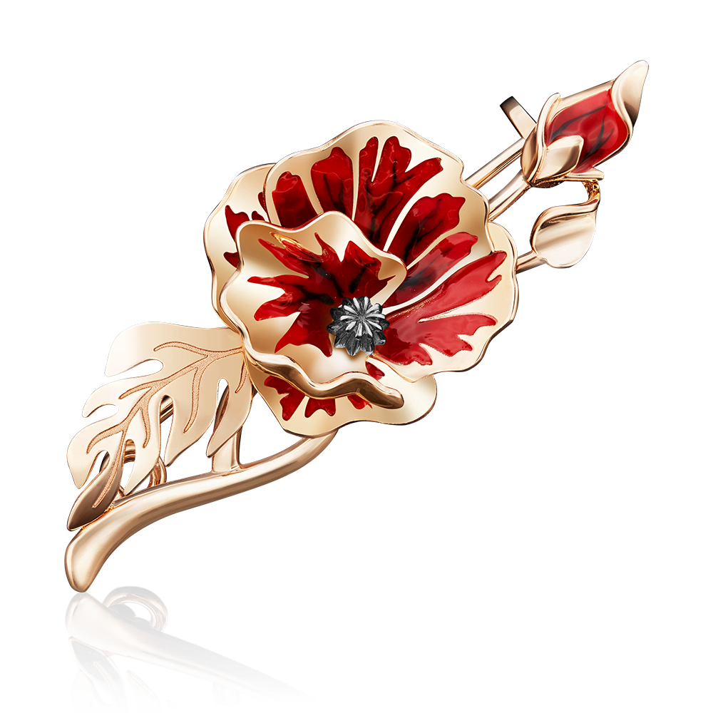 Брошь «Мак» из красного золота с эмалью