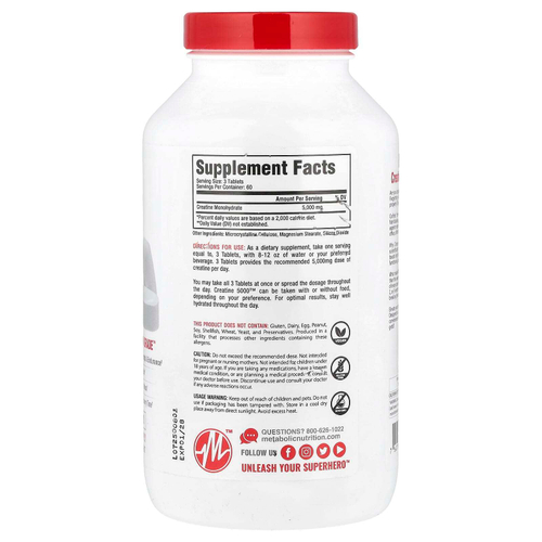 Metabolic Nutrition, Creatine 5000 ™, 180 таблеток (1666 мг в каждой таблетке)