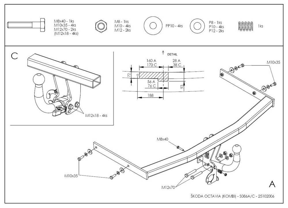Фаркоп оцинкованный Galia S086A для Skoda Octavia II седан/универсал 2005-2013, Skoda Octavia Scout 2008-2013(паспорт и сертификат в комплекте)(без электрики)