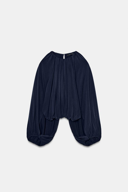 ZARA ТОП С ОБЪЕМНЫМИ РУКАВАМИ И РАЗРЕЗАМИ, СИНИЙ