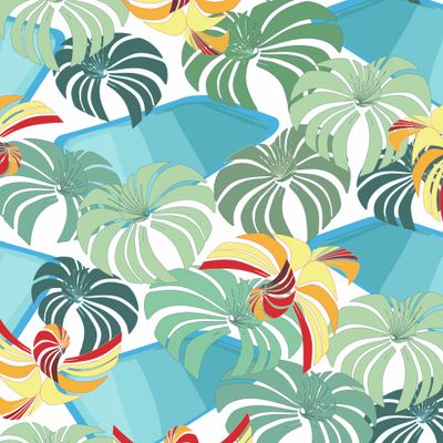 Жара у бассейна под пальмами с попугаями Heat by the pool under palm trees with parrots