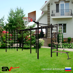 Уличная шведская стенка Sv Sport рукоход х 2 с комплектом турник прямой 2шт У51266К (Турник/Брусья/Стойка/Скамья/Щит баскет/Канат/кольца/лестница/Сетка)
