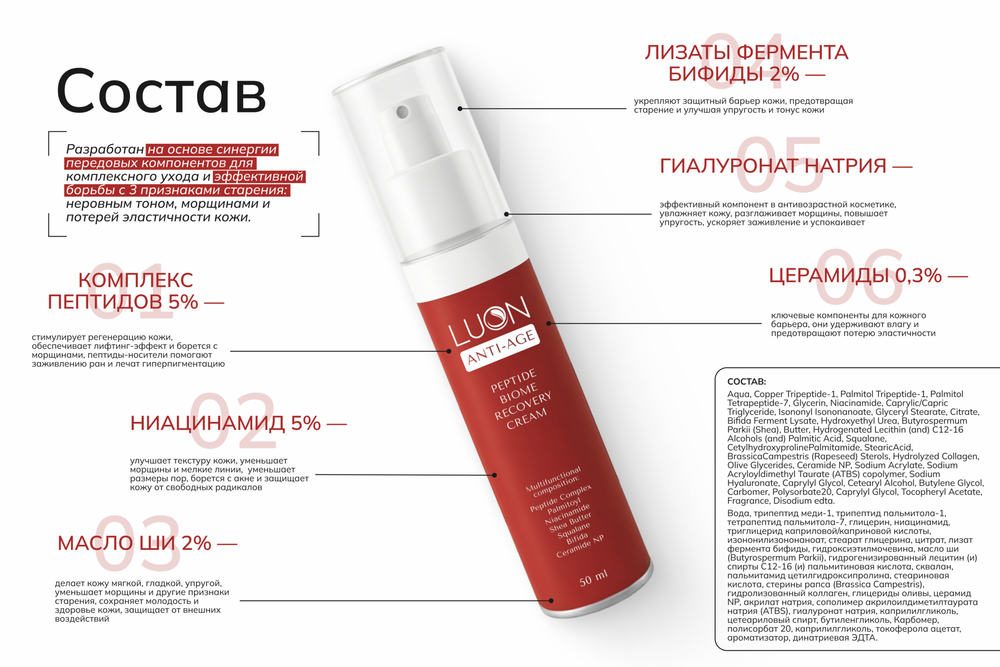 LUON Крем для лица с комплексом пептидов и пробиотиков - Peptide Biome Recovery cream 50 мл.