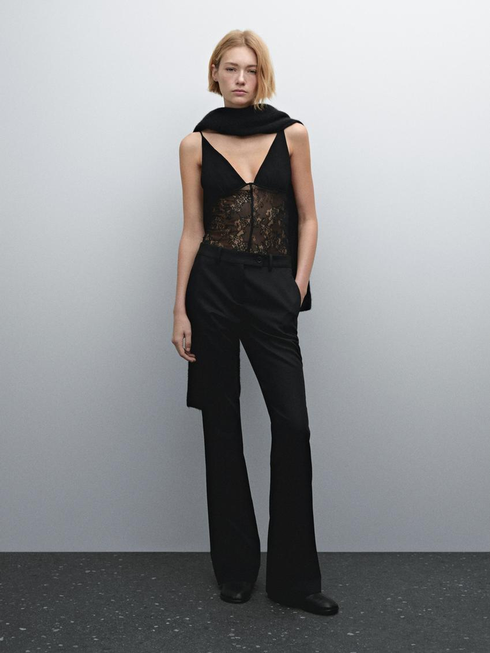 Massimo Dutti Топ в бельевом стиле с бретелями и кружевом, черный