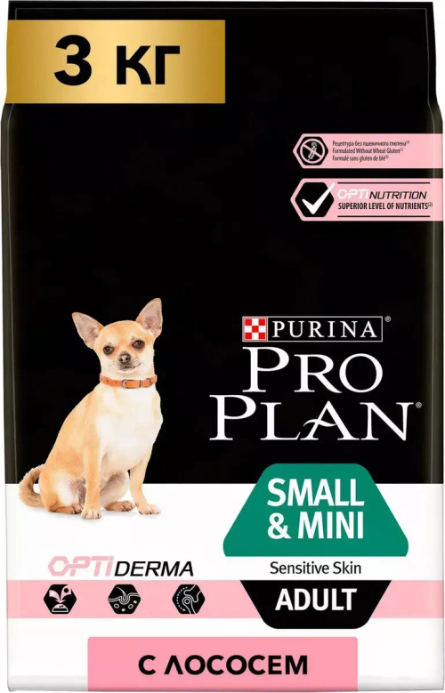 Сухой корм Pro Plan Mini Adult для взрослых собак мелких пород с чувствительной кожей, лосось, 3 кг