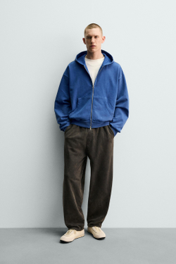 ZARA ТОЛСТОВКА С ЭФФЕКТОМ ПОТЕРТОСТИ НА МОЛНИИ С КАПЮШОНОМ, СТАЛЬНОЙ СИНИЙ