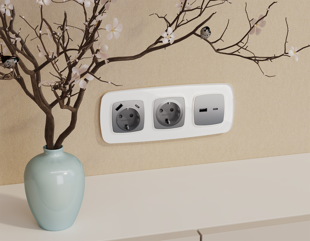 MO511010 Комплект механизма розетки OMEGA Сталь матовый 2USB A+C 20W 3000mA (быстрая зарядка) QUANT (OP5110, VM177)