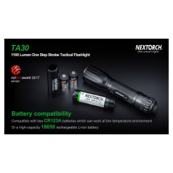 Тактический фонарь Nextorch TA30 — универсальное питание: 1×18650 (с возможностью зарядки через micro USB) или 2×CR123A