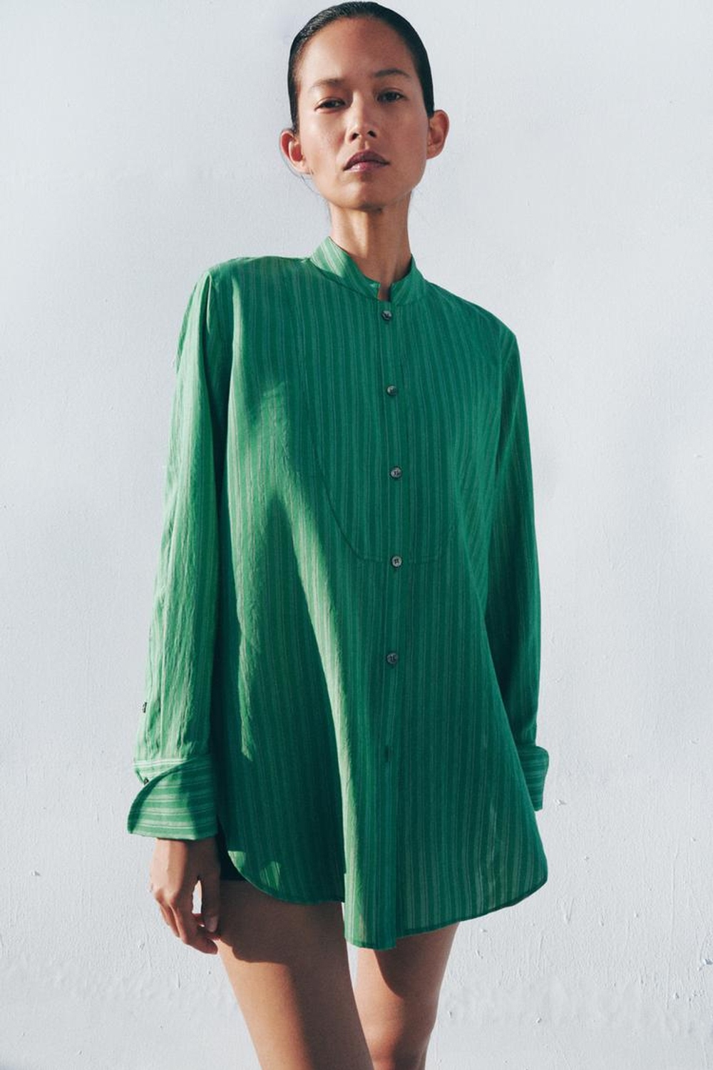 ZARA РУБАШКА В ПОЛОСКУ С НАГРУДНИКОМ — ZW COLLECTION, ЗЕЛЕНЫЙ