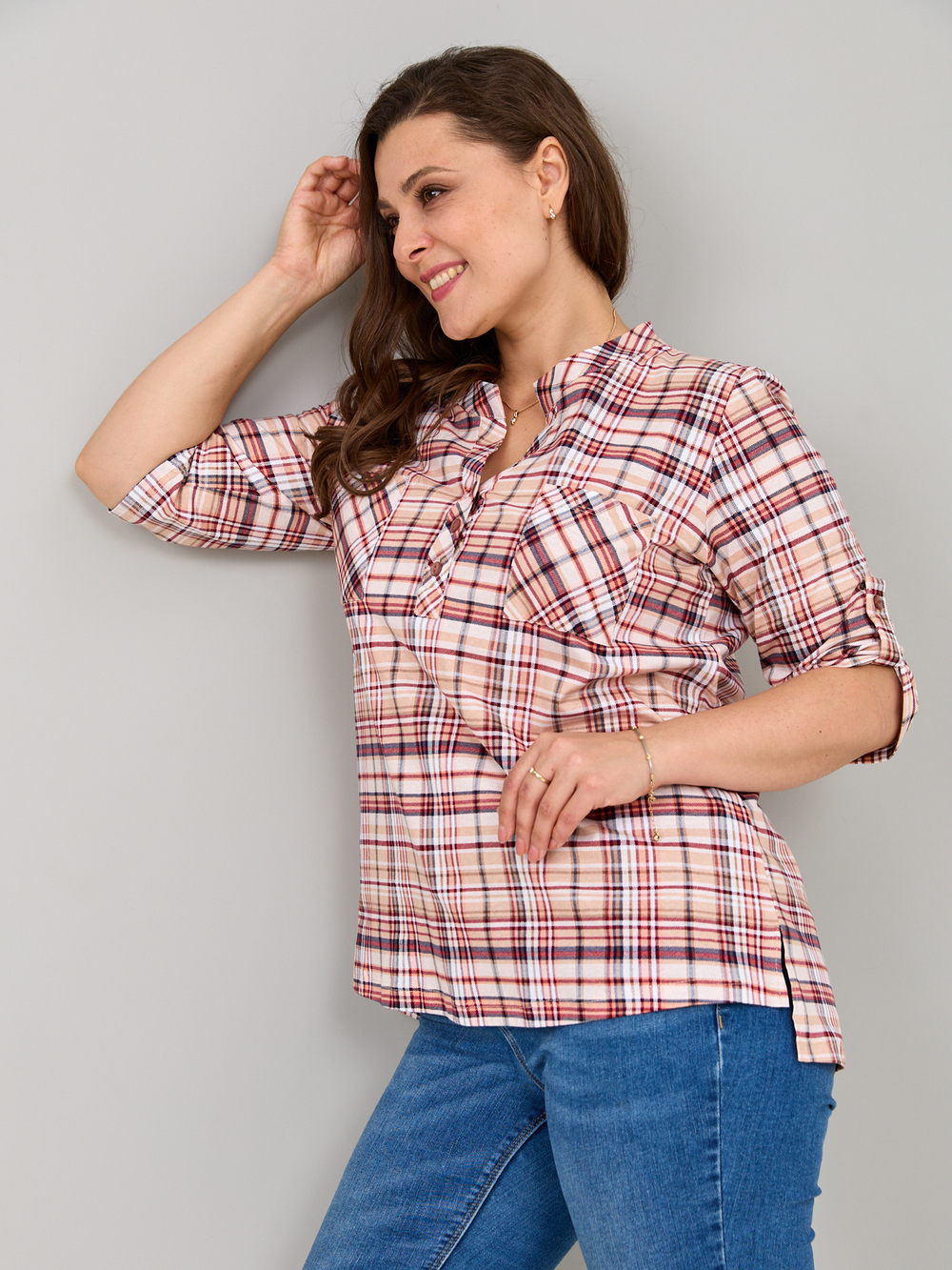 Блузка БЛ-131/клетка-бежбордо