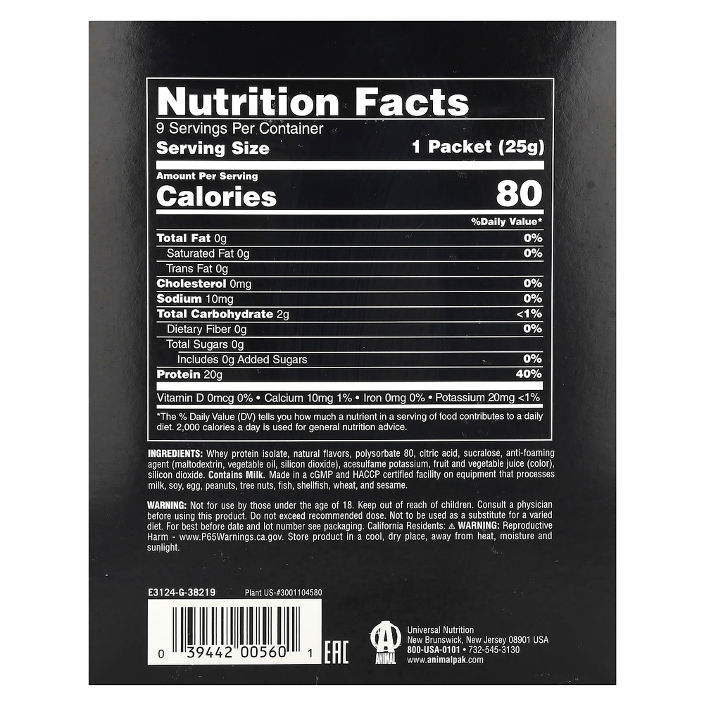 Animal, Прозрачный изолят сыворотки, арбузный лаймад, 9 отдельных пакетиков по 25 г (0,05 фунта)