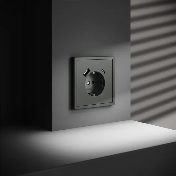Розетка встраиваемая VOLTUM S70 с заземлением и защитными шторками, 16А, с USB, A+С, (титан) vls040506