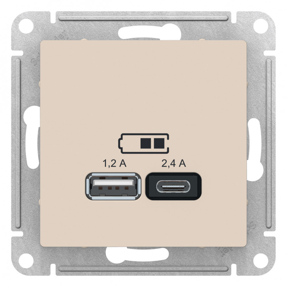 Зарядка USB Тип A+А 5В, 1 порт x 2,1 А, 2 порт х 1,05 А Schneider Electric серия AtlasDesign, бежевый, ATN000239