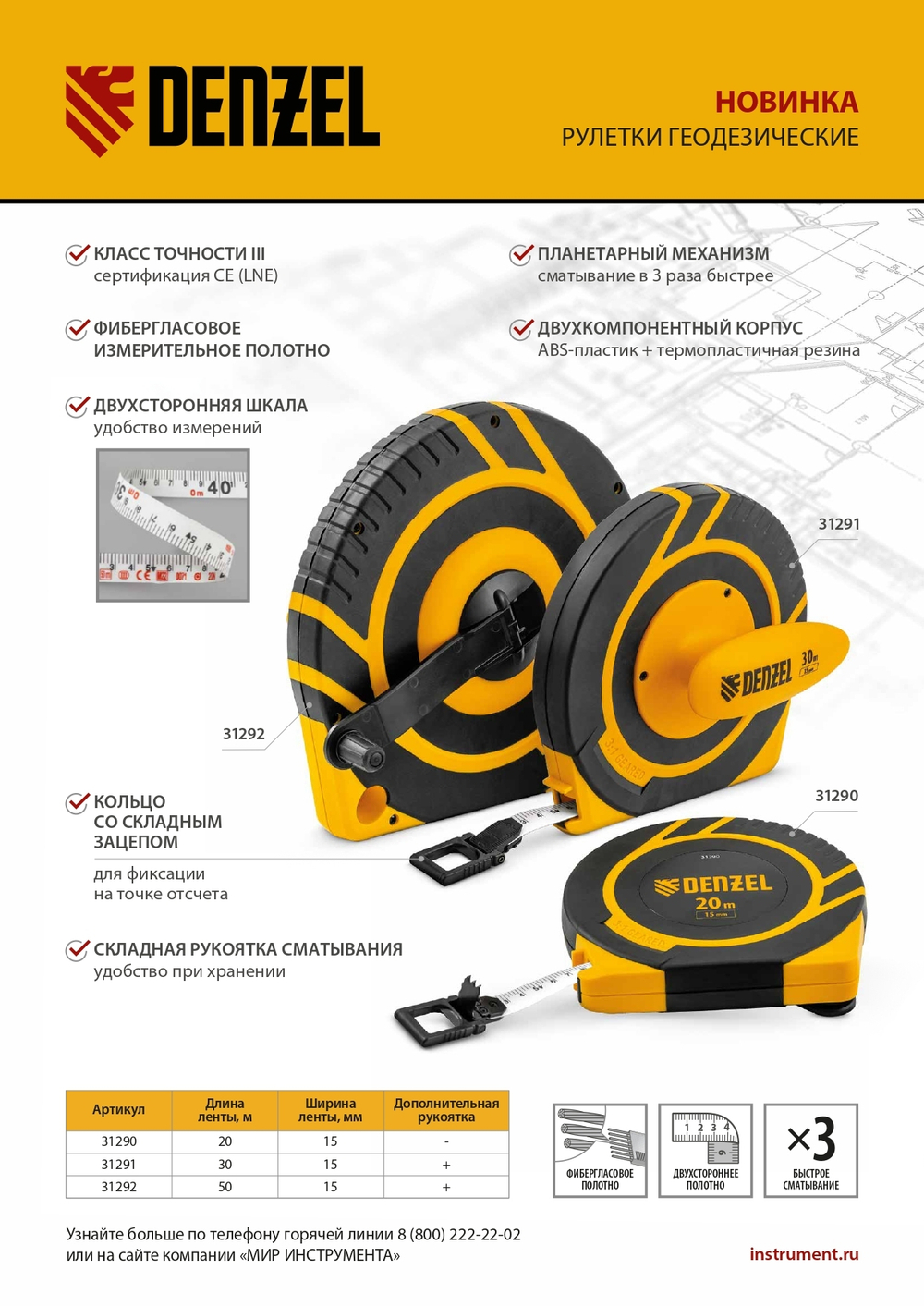 Рулетка геодезическая 20 м х 15 мм, закрытый корпус, фиберглассовая лента Denzel