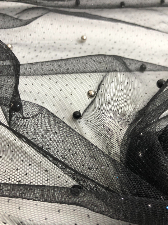 Сетка с бусами черный, бусы черн, глиттер АВ С1