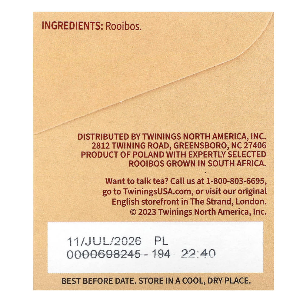 Twinings, чистый травяной чай, чистый красный чай ройбуш, без кофеина, 20 чайных пакетиков, 40 г (1,41 унции)